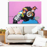 Modern Fine Art Hand Painted Funny Animal Double Thinking Monkey on Canvas Funny Listening Music Monkey Painting