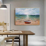 Hand Painted Blue Ocean Landscape Boats Oil Painting on Canvas Hawaii Beach