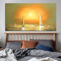 Hand Painted Simple Yellow Sea View Boat Oil Painting Fors Decoration Canvas Art