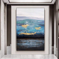 Hand Painted Blue Ocean Gold Foil Seascape Canvas Modern Art with No frame for