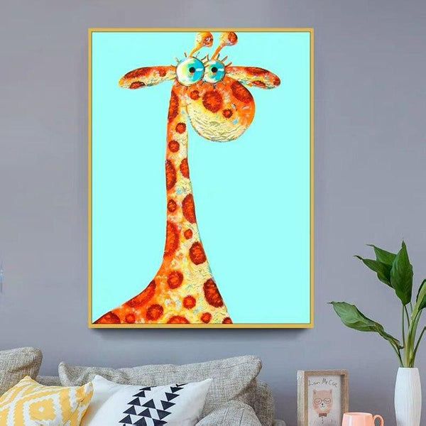 Animal Hand Painted Light Blue Painting Modern Colored Giraffe Oil painting For Kid Room Wall