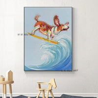 Modern Fine Art Hand Painted Funny Animal on Canvas Surfing dog Wall Art For Kid Room Bedroom