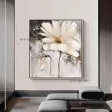 Hand Painted Abstract Wall Art White Flowers Minimalist Modern On Canvas Decorative For Living