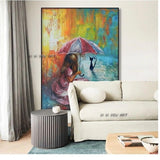 Girl and Cat Hand Painted Modern Abstract Wall Art Paintings Home decoration Canvas Art Bedroom