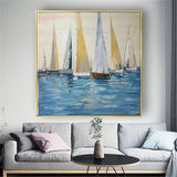 Modern Hand Painted Art Oil Painting Blue Sea Ship Canvas Classical For Living Home Room