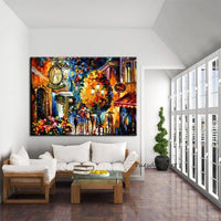 Oil Painting Street Tree Lamp Knife Landscape On Canvas People Abstract