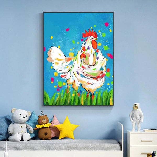 Hand Painted Abstract Colorful Cock Oil Painting On Canvas Animal Canvas For Kid's Room