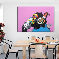 Modern Fine Art Hand Painted Funny Animal Double Thinking Monkey on Canvas Funny Listening Music Monkey Painting