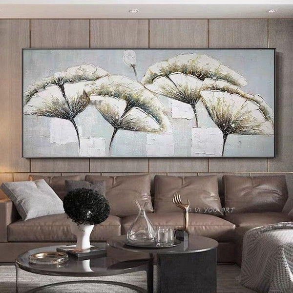 Silver Flower Canvas Hand Painted Wall Colorful Painting Art For Bedroom