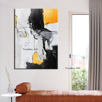 Hand Painted Oil Painting Modern Black White Yellow Line Abstract Canvas Decor