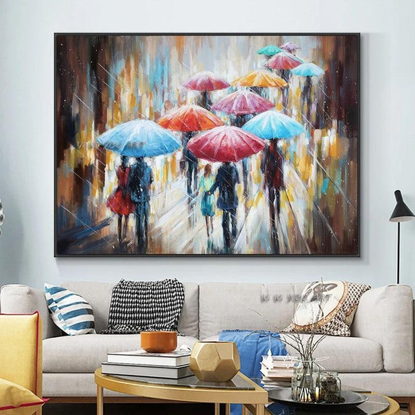 Abstract People Walking In The Rain With Umbrellas PaintingHand Painted On Canvas Modern Derorative