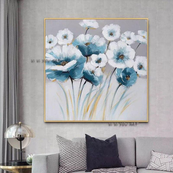 Hand Painted Blue Flower Canvas And Canvas Painting Bedroom Decor