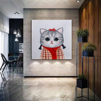 Hand Painted Modern Abstract Cartoon Animal Oil Painting On Canvas elegant Cat Kid Room As