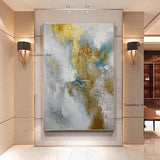 Hand Painted Modern Art Modern Gold and Blue Gray Marble Texture Canvas Painting Room Decor