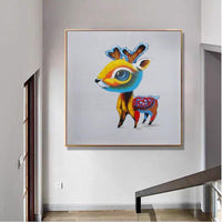 Hand Painted Modern Abstract Cartoon Animal Oil Painting On Canvas Cute Fawn