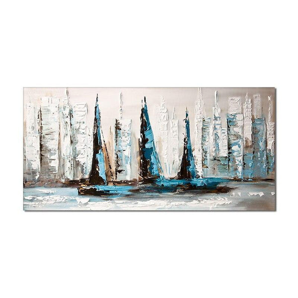 Abstract Blue And White Sailboats On The Sea Hand Painted Oil Painting On Canvas Without Frame