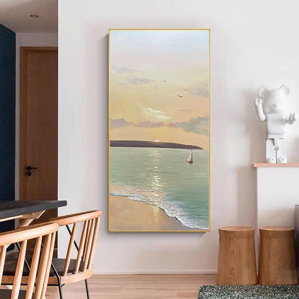 Hand Painted Modern Oil Painting Abstract Seascape Sunrise Beach White Canvas Painting