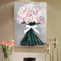 Texture Pink Bouquet Flowers Wall Art Hand Painted Modern Abstract Oil Painting On Canvas