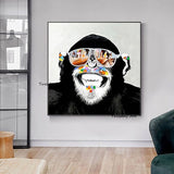 Hand Painted Oil Painting Modern Abstract Gorilla Wearing Glasses Animal Art Wall Canvas Decor