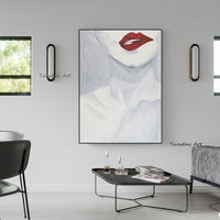 Modern Minimalist Hand Painted Canvas Painting Sexy Girl Red Lips Painting Fashion Art For Bedroom