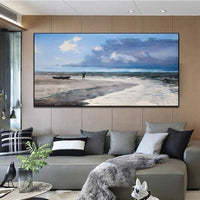 New Hand Painted Modern Oil Painting Blue Sky White Clouds Sea Beach Scenery Canvas Painting