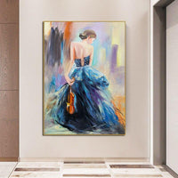 Hand Painted People Oil Paintings Woman Holding Violin Abstract Canvas Painting Wall Artative