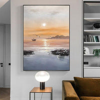 Sea Oil Painting Hand Painted Canvas Yellow Abstract Sunset Seascape Painting Hallway