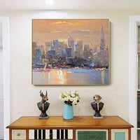 Abstract Golden Building Canvas Hand Painted Oil Painting City Landscape for Pub Aisle