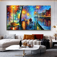 Lover Walking In The Rain Hand Painted Modern Abstract Landscape Canvas Painting Corridor