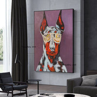 Hand Painted Oil Painting Cool Wearing Glasses Dog Animal Abstract Decorative Item Canvas Wall Art