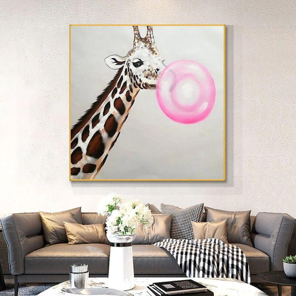 Hand Painted Pink Bubble Giraffe Oil Painting Animal Nursery Canvas Painting Child Kids Baby Room Decor