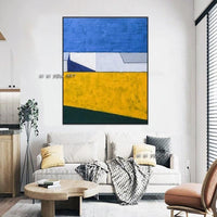 Hand Painted Abstract Blue and Yellow Canvas Wall Art Minimalist Contemporary Modern Decoration