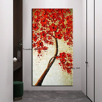 Hand Painted Abstract Modern Knife Red Flower Tree Oil Painting On Canvas