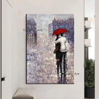 Hand Painted Abstract Couple Walking in the Rain Oil Painting on Canvas