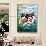 Modern Hand Painted Funny Animal Dog Underwater Art Wall Canvas Creative Mural Home Room Decor