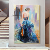 Hand Painted People Oil Paintings Woman Holding Violin Abstract Canvas Painting Wall Artative