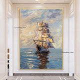 Hand Painted Sailing Boat Landscape Oil Painting Bar Home Salon Birthday Housewarming s