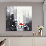 Hand Painted Oil Painting Color People Retro Abstract Grey Canvas Couple With Umbrella Walking On Street Modern