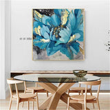 Hand Painted Blue Flowers Gold Foil Noble Decorative Modern Canvas Painting Wall Art