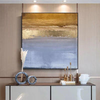 Hand Painted Abstract Light Gray and Golden Oil Painting on Canvas As