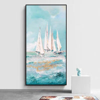 Handpainted Oil Painting On Canvas Blue Sea Boat Oil Painting Abstract Modern Canvas Wall Art Decor