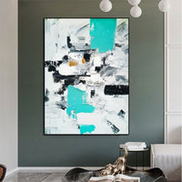 Hand Painted Oil Painting By Hand Painted Black White Blue Simple Abstract Color Block Arts Canvas