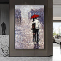 Hand Painted Abstract Couple Walking in the Rain Oil Painting on Canvas