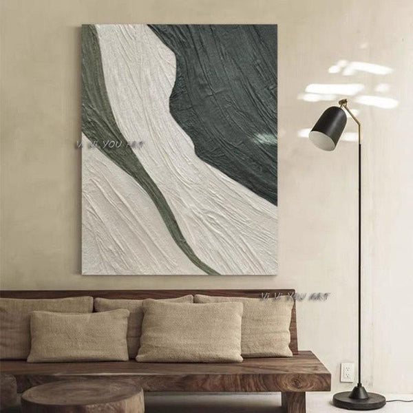 Hand Painted Contemporary Green and White Abstract Minimalist Modern On Canvas Decorative For Living