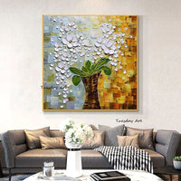 Hand Painted Abstract Hand Painted Oil Painting modern Thick oil Knife white flowers on Canvas wall Art Frameles