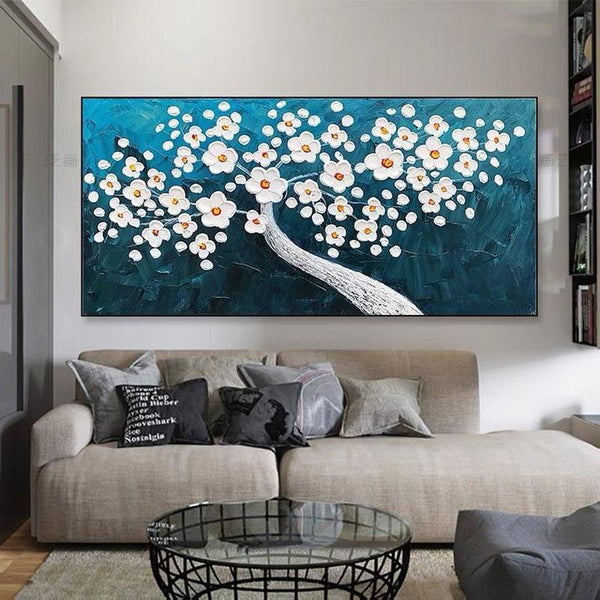 Hand Painted Knife White Flowers Modern Thick Oil Rich Landscape Painting For Canvas