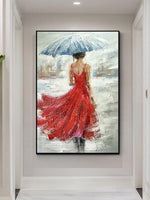 Hand Painted Art Oil Painting Modern Impression People Woman Holding Umbrella From The Back Abstract Painting Room Decor