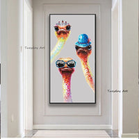 Hand Painted Modern Pop Art Animal Oil Painting Cool Funny Bird Oil Painting Ostrich For Kids Room Decorative