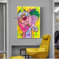 Hand Painted Oil Painting Graffitti Street Art Canvas Pink Leopard Animal Pop Cartoon Painting