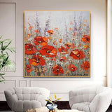 Hand Painted Abstract Red Flower Oil Painting On Canvas Home Room